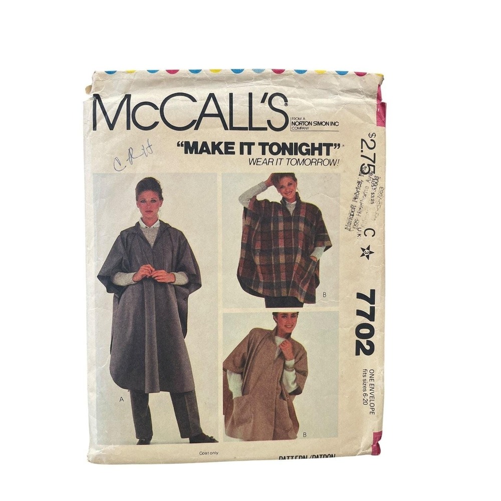 McCall's 7702 Misses Poncho Coat Size 6-20 Vintage 1981 CUT